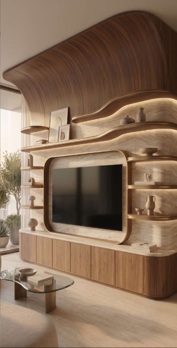 Kavisli ahşap görünümlü Nex Panel TV duvarı